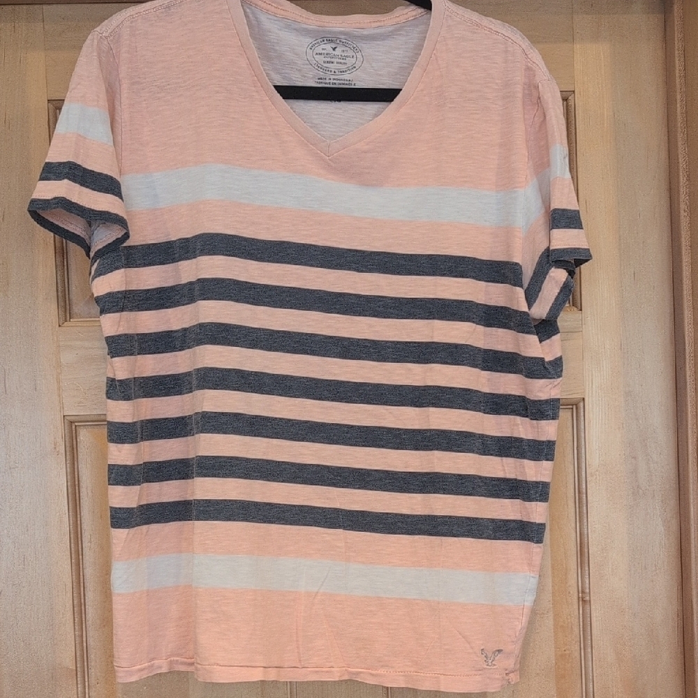 American Eagle Outfitters Peach and Gray Striped Tee